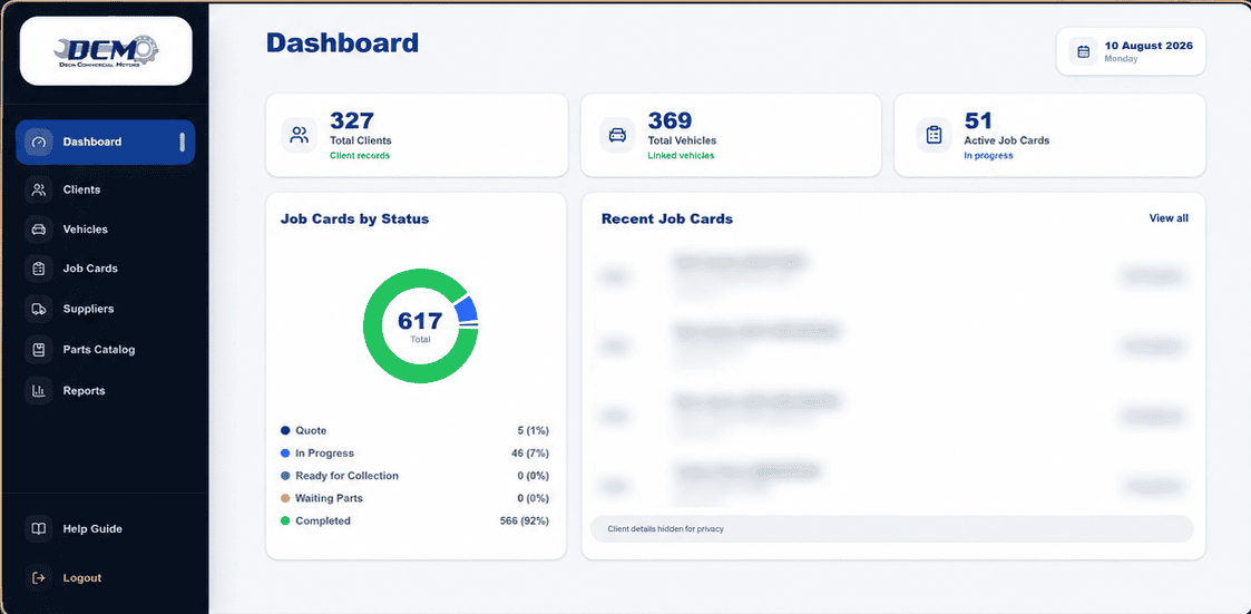 Business Systems Clarity Review Privacy-protected Deon Commercial Motors workshop dashboard with client, vehicle and job-card status totals.